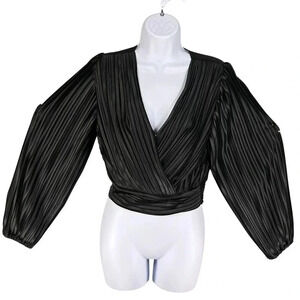 Japna NEW Womens S Black Pleated Long Bishop Sleeve Wrap Blouse Fairygoth Silky